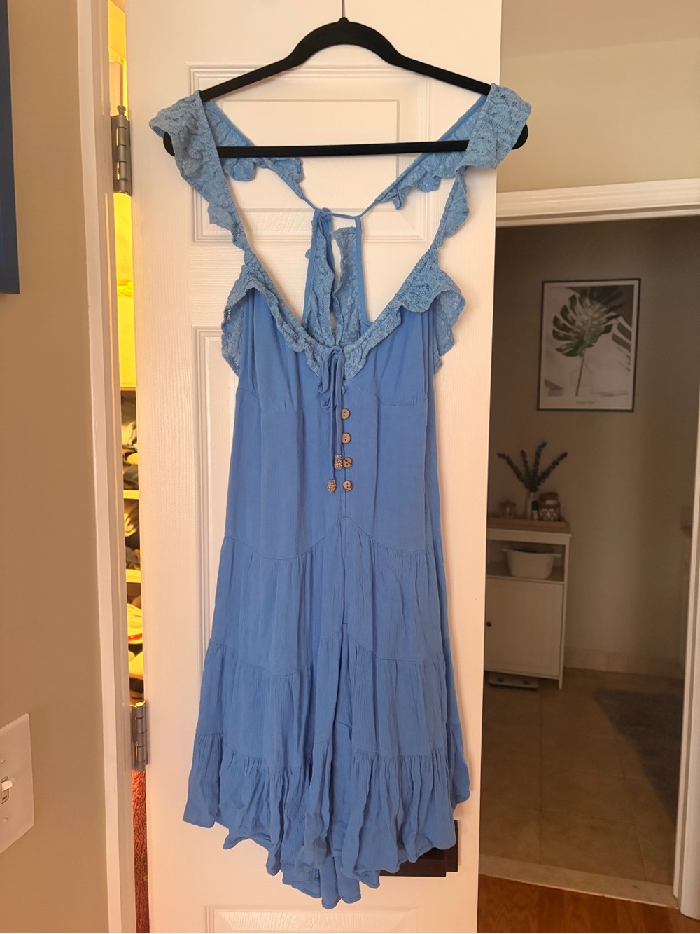 Free People Sky Blue Lace-Trim Tiered Slip Dress
